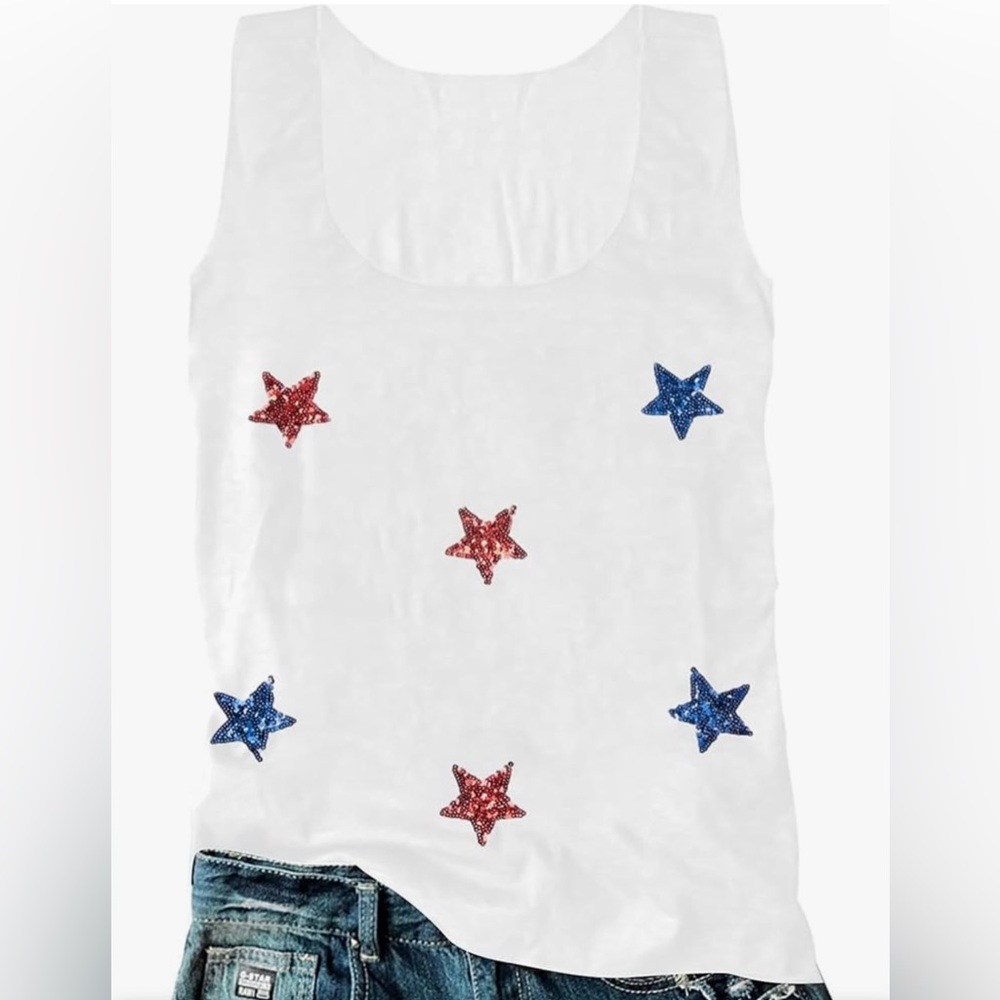 White Sleeveless Top with Red and Blue Star Sequins‎ Tank Top